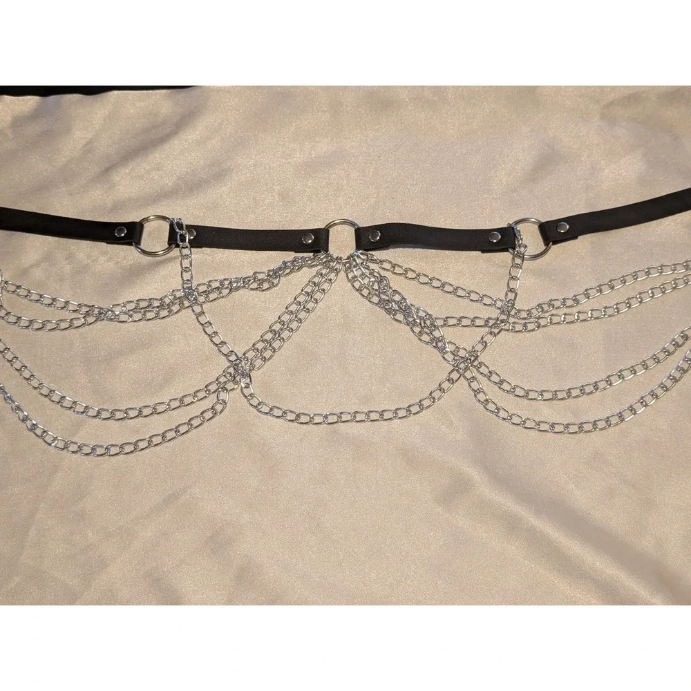Punk Grunge Multi Draped Chain Belt Black Faux Leather Silver Tone Y2K Goth